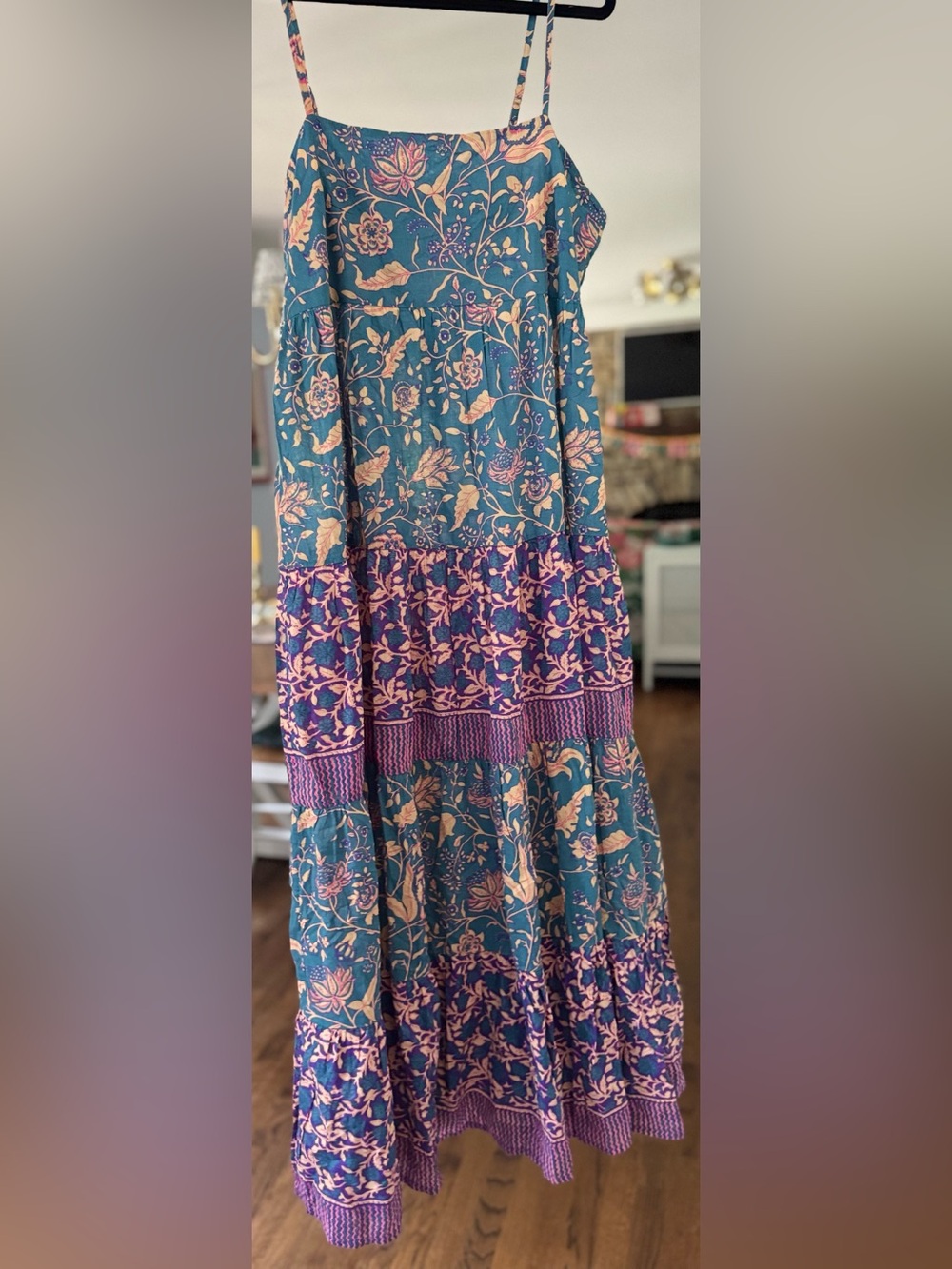 J. Crew Cotton Voile Tiered Boho Maxi Sundress Teal Pink Floral